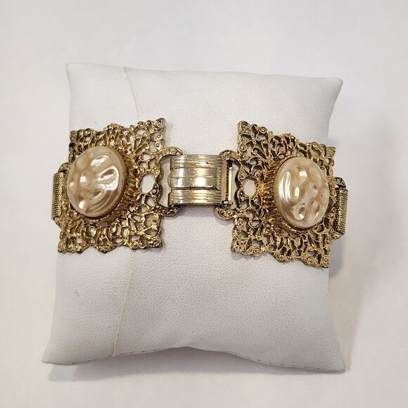 Filigree Gold Tone Panel Link Bracelet Faux Pearl Chunky Ornate Statement Retro - Picture 3 of 6